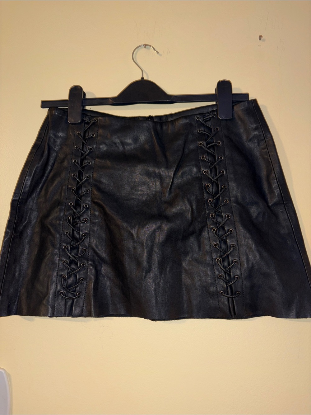 Black Faux Leather Mini Skirt with Lace-Up Detail